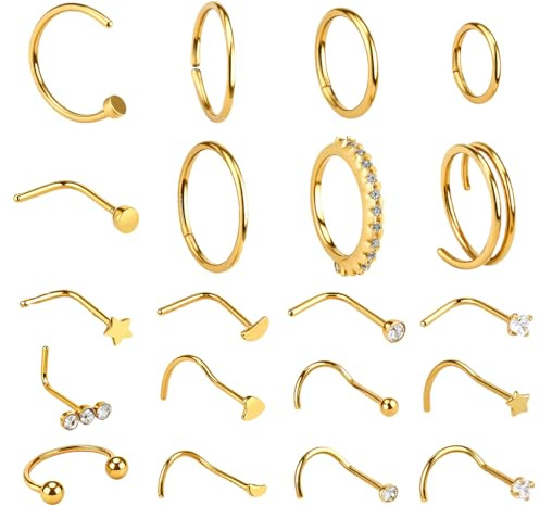 Tucnoeu 20 st näspiercing guld – rostfritt stål näsring guld tunn | Nostril piercing smycken för kvinnor och män