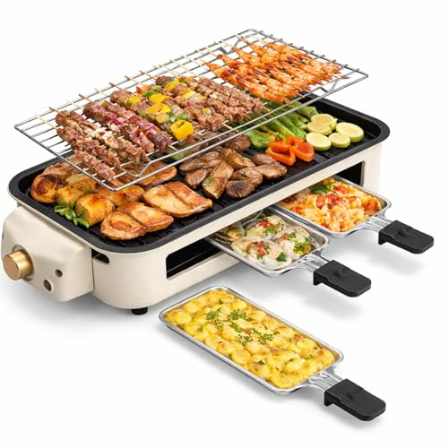 Electric Raclette Grill with 3 Raclette Trays, 1500W Indoor BBQ Tabletop Grill with Adjustable Temperature Control, Non-Stick Grill Plate, Fast Heating Family Party Cooking Grill