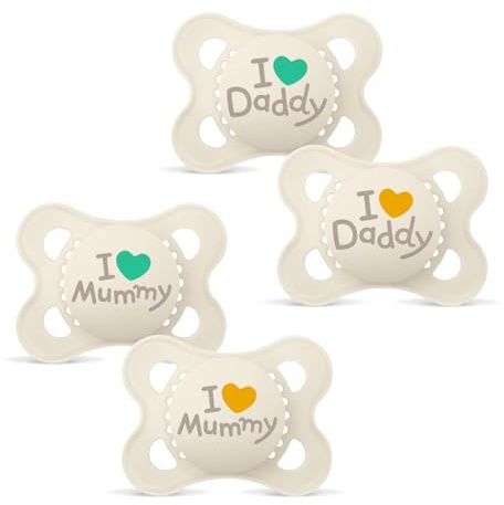 MAM Skin Soft Silikon Schnuller // I love mummy & daddy // 0-6 Mo. Boy // 4er Set // inkl. 2 Sterilisiertrasportboxen