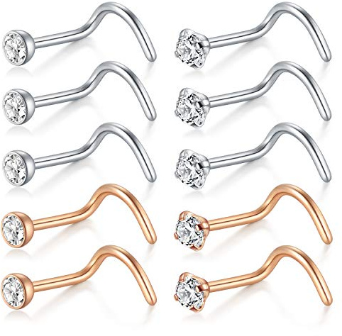 D.Bella Nasenstecker 18G L Form Nasenringe 316L Chirurgenstahl Nasenpiercing Ohrstecker mit Zirconia Nase Nostril Piercing Stecker Silber Rosegold Farbe