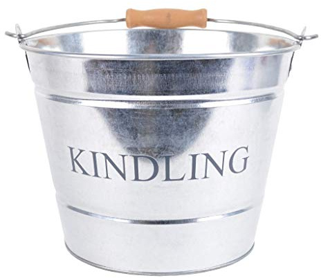 Small Metal Fireside Kindling Bucket with Wooden Handle - Diameter of 23cm (9'') - Galvanised Finish