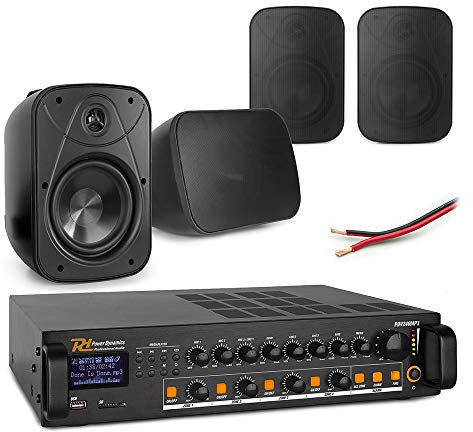 Power Dynamics Background Music System with 4x 5 Inch Black Wall Mounted Speakers & 4-Zone 100V Mixer Amplifier, Bluetooth Audio PA System for Restaurant, Outdoor Garden Areas