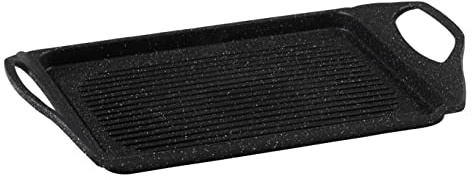 Pradel Excellence - Plancha Grill 43 x 27 cm - Revêtement Façon Pierre Sans PFOA - Fonte d’Aluminium - Poignées Silicone Amovibles - Tous Feux Dont Induction, Ancien Manche, Noir