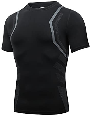AMZSPORT Camiseta de Compresión para Hombre, Camiseta de Gimnasia de Manga Corta Capa Base de Secado Rápido, Negro, L