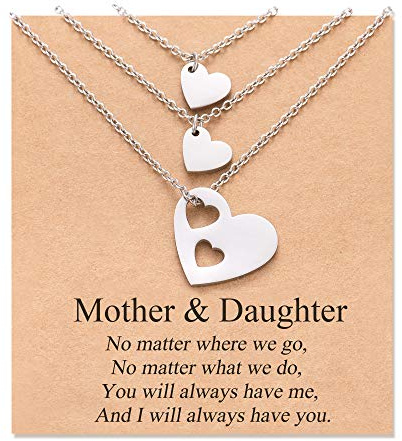 Aunis Collana con ciondolo a forma di cuore, 2/3, regalo per mamma e figlia, Adjustable, 20 inches (chain length), Acciaio inossidabile, Non pietra preziosa