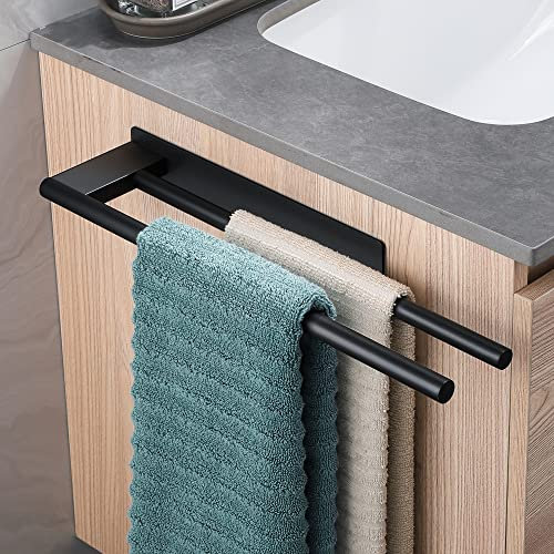 Dvocel Porte-Serviettes sans Perçage en Acier Inoxydable Double Porte-Serviettes Auto-Adhésif à Deux Bras Invité Porte-Serviettes Mural pour Salle de Bain Cuisine Noir