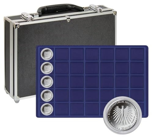 LINDNER Das Original Großer Münzen-Sammelkoffer mit 8 dunkelblauen Münztableaus für 280 Münzen oder Münzkapseln bis 39 mm Ø