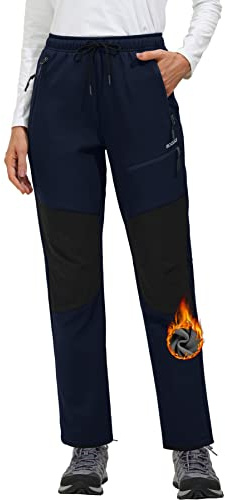 MOCOLY Pantalon Softshell Hiver Doublé Polaire Imperméable Coupe pour Femme Taille Elastique Adapté à la Randonnée Ski Neige Chasse Travail en Extérieur Bleu Marine M