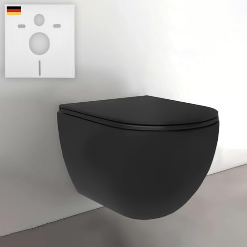 Alpenberger Toilette Wand WC Schwarz | Hänge WC Spülrandlos | Schwarze Kloschüssel mit WC Sitz mit Absenkautomatik | Toilettenschüssel mit Schallschutz | Set Passend Geberit