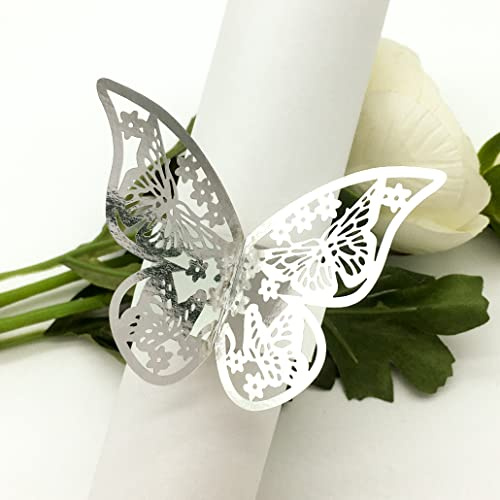 Wlirantim Butterfly Silver Paper Napkin Rings Set of 100 pcs，3D Laser Cut Foil Cutout Paper Napkins Holder,Disposable Serviette Rings for Tables,Decorations,Wedding,Dinner,Party Decor (Silver)