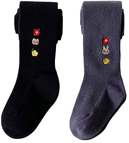 Snegyu Pack de 2 medias de algodón para niños y niñas, con bordado de flores, para niños de 0 a 9 años, Patrón negro y gris A, 1-3 Jahre