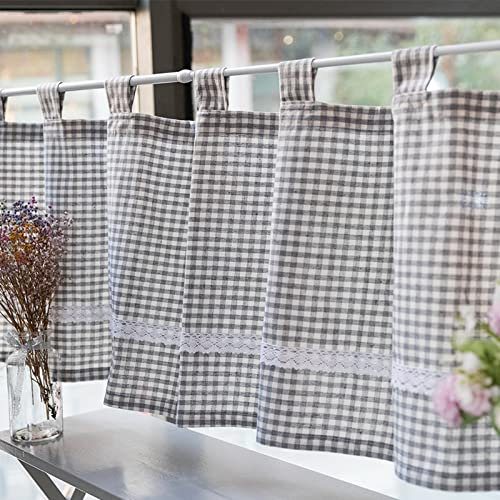A.Monamour Gardine Scheibengardinen Kurzstores Tab-Top Grau Kariert Baumwolle Leinen Blickdicht Mit Spitze Kurzvorhang Kurzgardinen Küchengardine Küche Vorhang Fenster Kurz Stores Bistrogardine