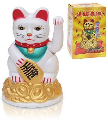 Flanacom Winkekatze - Winkende Japanische Glückskatze - Wackelfigur Glücksbringer Büro Schreibtisch - lustige Scherzartikel - Abschiedsgeschenk Kollege - Wichtel-Geschenk (Weiß)