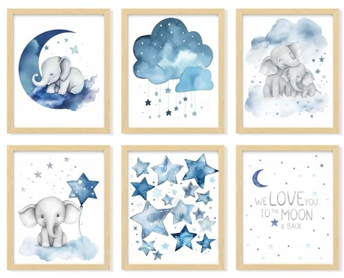 97 Decor Baby-Mädchen-Elefanten-Kinderzimmer-Dekor – Baby-Jungen-Raumdekorationen für Kinderzimmer, Wanddekoration, blauer Mond und Sterne, Kunstdrucke, niedliches Elefanten-Poster, Tierbild für