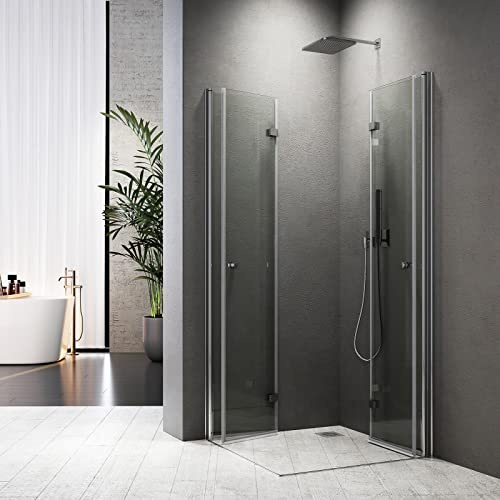 Duschkabine 80x90cm Eckeinstieg Dusche Falttür 180º Duschabtrennung aus 6 mm NANO-Glas Duschkabine Scharniertür,Kann auf Einer Duschwanne oder Direkt auf Dem Boden Montiert Werden,Höhe 185cm
