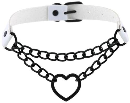 Gothic Harajaku schwarze Herzkette Leder Choker Halsband Punk Halsketten für Frauen Mädchen Schnalle Hexenschmuck - P113 Weiß