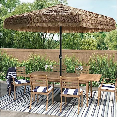 Gran Paraguas Hawaiano para Exteriores, Sombrilla de Paja de 2,7 m Resistente al Agua, con Mecanismo de manivela, sombrilla Tiki Hut portátil, Color Natural