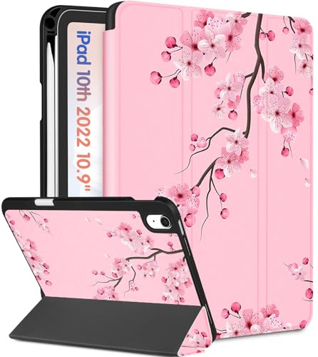 Wazzasoft Schutzhülle für iPad A16 2025 – für iPad der 10. Generation, niedliches Kawaii-Blüten-Design, Stifthalter, automatischer Schlaf-/Wachmodus, Tablet-Abdeckung für Apple 11/10, 10,9 Zoll (10,9