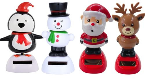 Recitem Wackelfigur Solar Weihnachtsfigur Elch,Solarbetriebener Schwingender Weihnachtsmann, Tanzende Figur Spielzeug für Zuhause Büro Dekoration 4 Stück (4-teiliges Set)