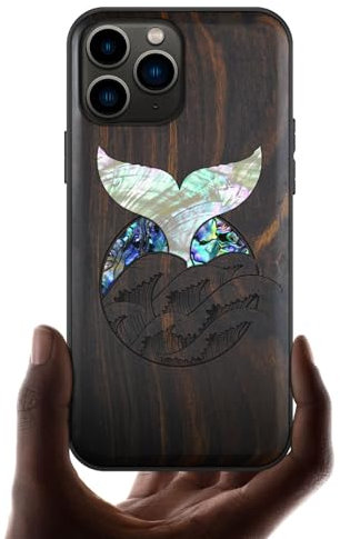 Carveit Etui pour iPhone 11 Pro de Coque [Bois et Incrustation de Coquille] Souple TPU de Téléphone Compatible avec Apple 11 Pro Étui (Bois Sombre-Nageoire de Baleine)