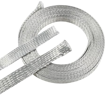 BuyUneed Tinned Copper Metal Braid Sleeving Wire Shielding Sleeve Braided Copper Ground Straps EMI/RFI Interference Expandable Flat Mesh Shielding Cable for Protect Wire (1/2inch-22ft)