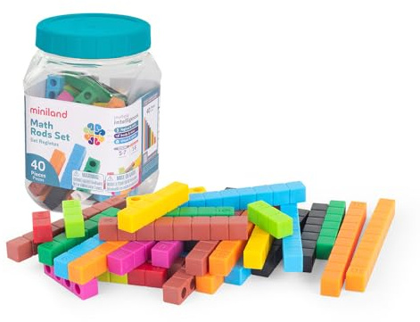 Miniland Set de regletas para lógica matemática Inicial Multicolor. Fabricado en España. Incluye 4 Conjuntos del 1 al 10 basado en el método Cuisenaire.
