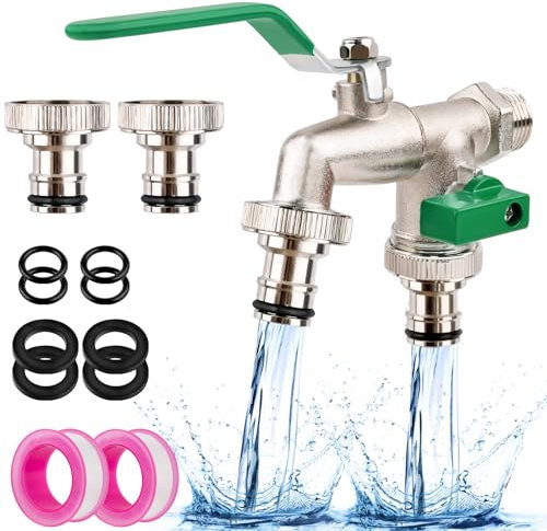 WuGU Universal Garten Wasserhahn,Doppel Auslaufhahn 1/2 Zoll aus Messing rost-und frostsicher, mit 2x Gratis Schlauchanschlüsse, 2xRollendichtband, Doppelanschluss und Schlauchtülle-Grün
