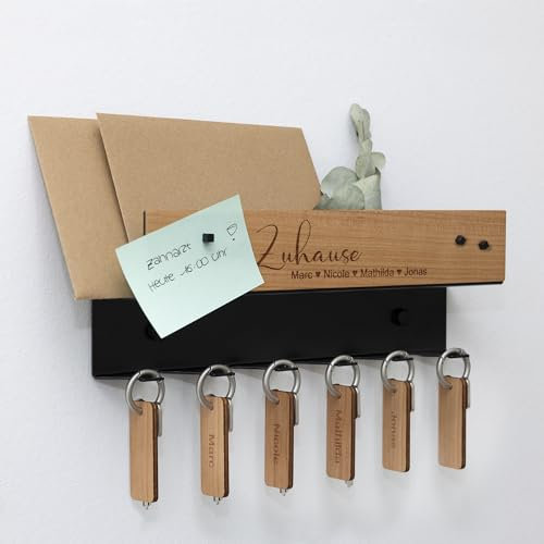 STREIFHOLZ Schlüsselbrett aus Holz personalisiert mit Ablage, individuelle Gravur, Magnet Pinwand mit 3 Magneten, für 6 Schlüssel