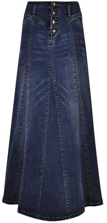 Jupe longue en jean taille haute boutonnée pour femme - Style vintage - Coupe trapèze - Pour l'été - Décontractée - Jupe maxi d'été fluide - Robe longue, bleu, 48