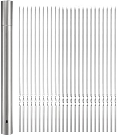 sourcing map Lot de 100 brochettes en métal de 40 cm x 3,5 cm, en acier inoxydable, réutilisables, pour barbecue, barbecue extérieur avec tube de rangement pour viande, crevettes, fruits, légumes