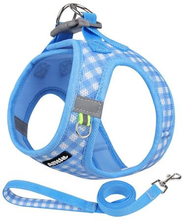 AIITLE Adjustable Step in Dog Harness and Leash Set, Blue XS | No Pull Pet Harness, Soft Mesh Reflective Plaid Vest Harnesses for Small Dogs Puppy and House Cats Outdoor Walking Running