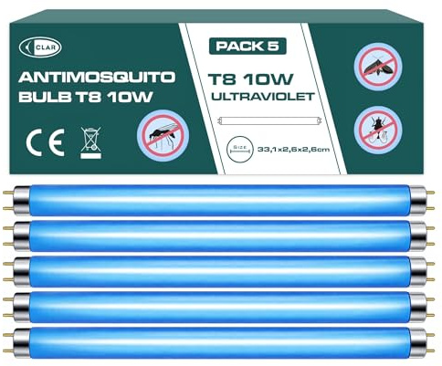CLAR - Neon Per Zanzariera Elettrica, Lampada UV T5, Neon UV, Lampadine Antizanzare, Lampada Attinica, Lampadina Antizanzare, Lampadina Anti Insetti Per Esterno, 33,1 x 2,6 cm (10 Watts T8, Pack 5)