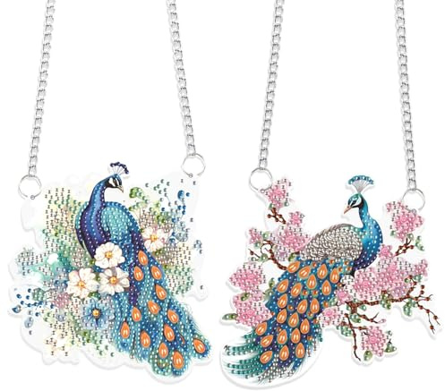 JISHSHAY 2 PCS Diamond Art Hanging Diamond Painting Sun Catchers Gem Art Table Wind Chimes Gem Painting Hanging Pendant Mosaic Kits for Adults Suncatchers Window Hangers with Special Shape Peacock