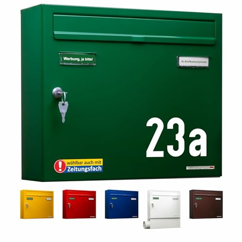 AL Briefkastensysteme Briefkasten mit Hausnummer grün RAL 6005 - Basic 1er Briefkasten mit Hausnummer wetterfest Din A4 - Postkasten mit Hausnummernschild personalisiert