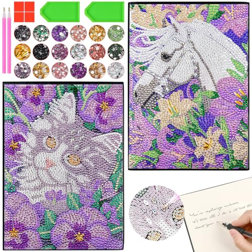 AUAUY A5 Notizbuch Diamantmalerei, 5D DIY Diamond Pasted Painting Notebook | Basteln Mädchen 7 8 9 10 Jahre, Strass Diamant Malerei Notizbuch, Blanko Tagebuch aus Leder, für Schülerbüro Schulbedarf