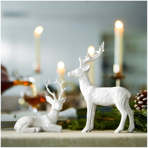 DN DECONATION 2PCS Christmas Reindeer Figurines, Chritmas Small White Deer Statues,Decorative Resting Lucky Resin Deer Rustic Sculptures for Indoor Home Decor Mantle Cabinet Desktop Office