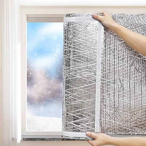 Fensterisolierungsfolie aus Aluminiumfolie mit Magic Tape für versiegelte Fenster, dick, schalldicht, winddicht und warm, 80 x 120 cm, Silber