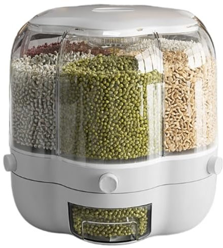Flingdispenser Flingbehållare 360° Roterande Matautomat Med 6 Fack Risdispenser Förvaringsbehållare Spannmålsdispenser Livsmedelsdispenser Matbehållare(White,33cm)