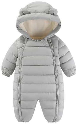 FEOYA Piumino neonato Unico Pezzo Bambino Ragazzi Ragazze Tuta Invernale con Cappuccio Neonato Tuta Da Neve Con Doppia Cerniera 0-24 Mesi, grigio argentato, 0-6 Mesi