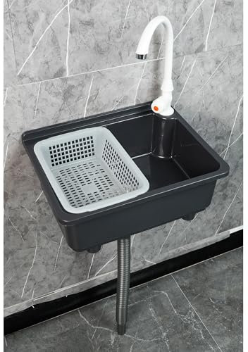 XRB2050 Lavandino a Muro in Resina, 43x32.5x13.5 cm Lavabi Rettangolare, Lavandino Montaggio a Parete per Bagno Guardaroba WC Nero 150cm Conduttura Fognaria