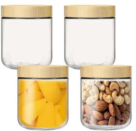 DYUEE 4-pack 10oz Glass jars with Airtight Lids Wood Lids for Meal Prep