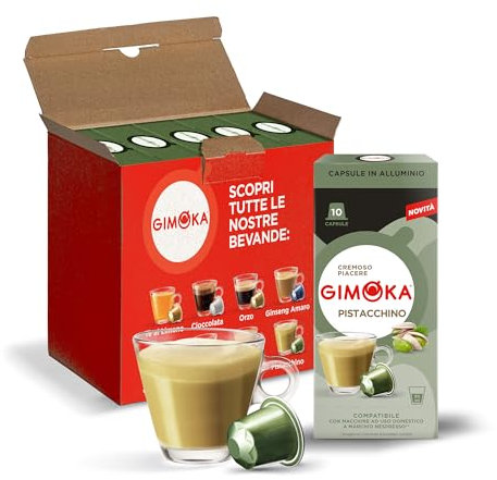 Gimoka, bebida soluble de PISTACHO cappuccino - 50 Cápsulas de Aluminio - Compatibles con Máquinas de Café Nespresso* para uso doméstico - Producido en Italia - 5 paquetes de 10