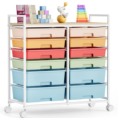 12-Drawer-Plastic-Rolling-Storage-Utility-Craft-Organizer-Trolley-Cart on Wheels with Wooden Tabletop for Home, Office, Classroom, Makeup, Multicolour