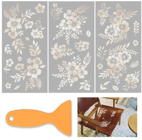 OLYCRAFT 3 Stück/Set Wildblumen Transferfolien Zum Aufreiben Für Möbel Und Bastelarbeiten 15x30cm Elfenbeinweiß Pflanzen Möbelaufkleber Transferaufkleber Zum Aufreiben Mit 1 Teiligem Schaber