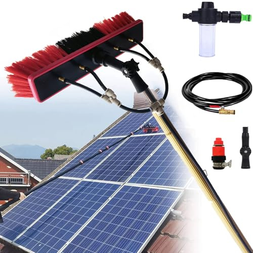 YFSMBD Brosse Télescopique Toiture, 3-15 M Perche de Nettoyage avec Raccord d’Eau et Réservoir de Savon, Compatible Tuyau Universel pour Panneaux Solaires,Toits,Vérandas,Vitres (55cm Brosse,15m)