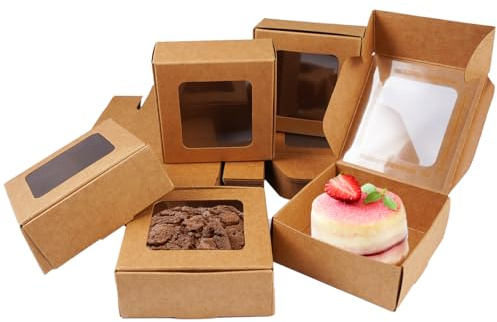 36 Stück Kraftpapierbox mit Durchsichtigen Fenstern, 7,5 x 7,5 x 3 cm | Quadratische Kleine Schachtel mit Sichtfenster, Geschenkboxen Pappe, Faltbare Geschenkschachtel Klein für Weihnachten