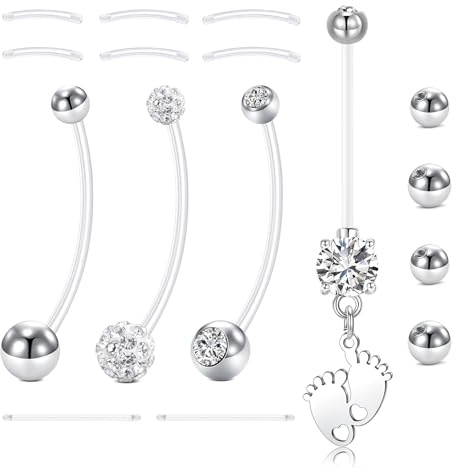 LAURITAMI 14G Bauchnabelpiercing Schwangerschaft 32mm Acryl Fleixble Bioflex Schwangerschaftspiercing Bauchnabel mit 12/14/16/25mm Ersatz Bar Ersatzkugel 5/8mm,16 Stück Bauchnabel Piercing Set