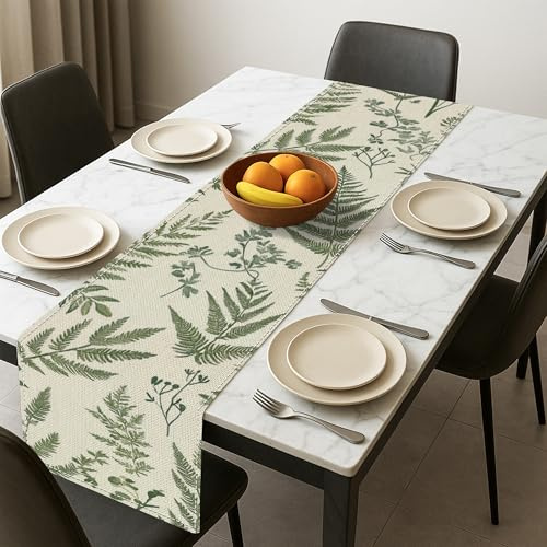 Runner da tavola botanico con felce, con foglie, rustico, vintage, decorazione per la casa, riunioni di famiglia, feste primaverili e festività, 33 x 183 cm