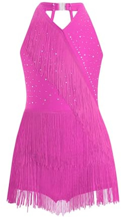 Linyuir Robe Latine Pour Mädchen Avec Franges Justaucorps À Col Portefeuille Paillettes Patchwork Tenue De Danse Robe De Patinage Artistique Jupe Swing Vêtements Rose vif 11-12 ans