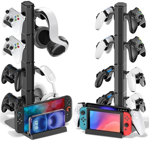 Support de Casques et Manettes, Crochet Détachable 4 Niveaux pour Télécommande avec Organisateur de Câbles, Rangement Accessoires Gaming pour PS5/Xbox/Switch, Idéal en Cadeau pour Gamers